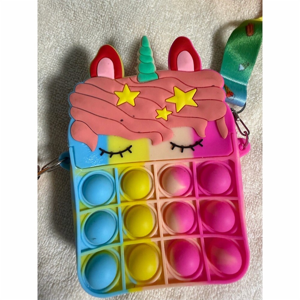 Unicorn Pop It Coin Purse Wallet w/ Lanyard Strap Rainbow Zipper Pouch